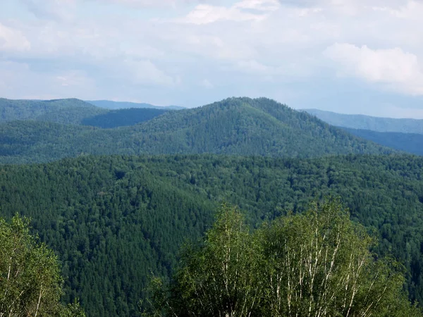 Montes arborizados. A paisagem azul. O céu nas nuvens sobre o mou — Fotografia de Stock