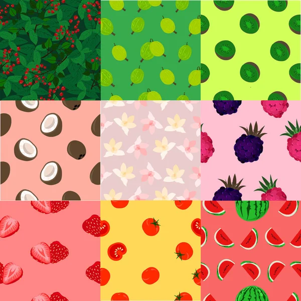 Serie di modelli estivi. Bacche, frutti e fiori . — Vettoriale Stock