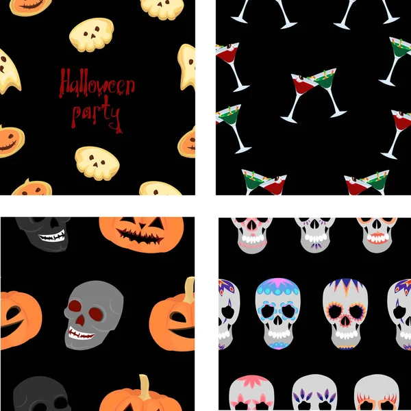 Set halloween pattern. Pumpkins and skulls. Cookies and drinks. — Stock Illustration Set halloween pattern. Pumpkins and skulls. Cookies and drinks. Stock Illustration