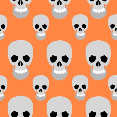 Cadılar Bayramı kalıbı. Turuncu arka plandaki kafatasları. Kartlar, davetiyeler, hediye maskeleri, posterler için tasarım.