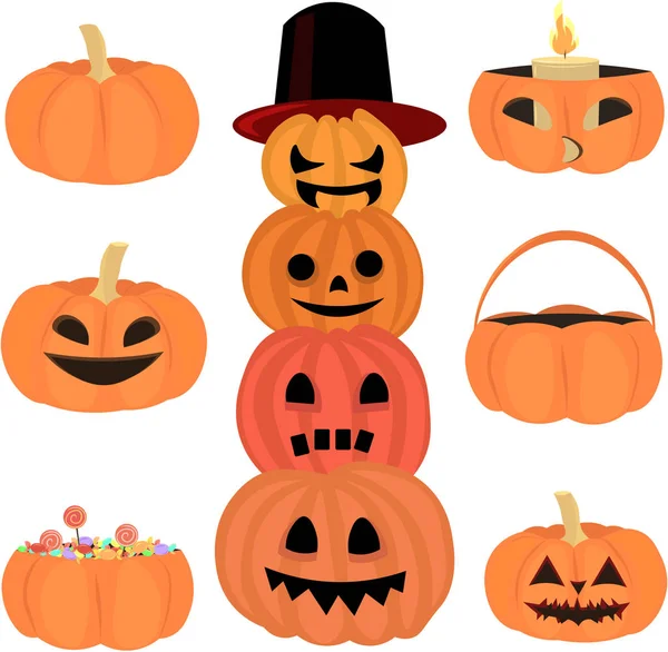 Pon calabazas de halloween. Sombreros, bastones de caramelo y velas. Miedo y — Archivo Imágenes Vectoriales