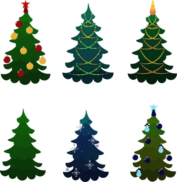 Set of Christmas trees. Beads and garlands, toys and stars. Mult — Stock Vector