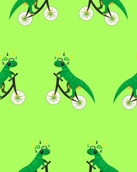 Динозавр Велосипеде Музыка Наушниках Зеленый Бесшовный Рисунок Дизайн Одежды Упаковка — стоковый вектор