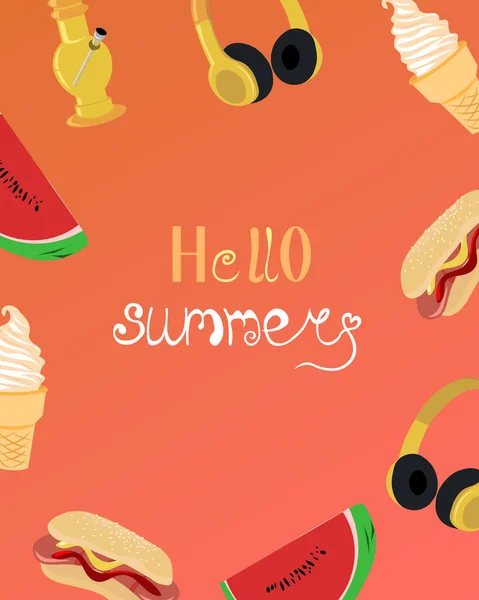 Sommerkarte Hallo Sommer Erholung Und Unterhaltung Wassermelone Eis Und Musik — Stockvektor