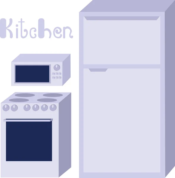 Set Household Appliances Kitchen Refrigerator Stove Microwave Blue Design Lettering — Stock Vector