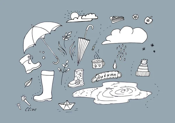 Autumn Doodle Illustration von herbstlichen Elementen. Herbstspaziergang im Regen. — Stockfoto