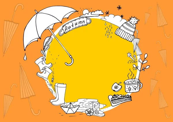 Autumn Doodle Illustration of Summer Elements (dalam bahasa Inggris). Autumn walk in the rain. — Stok Foto