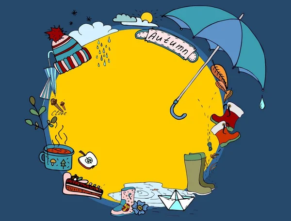 Herbstkritzelillustration Spaziergang Regen Muster Hintergrund Linienzeichnung Regenschirme Kleidung Regen Wolken — Stockfoto