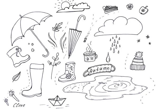 Jesienny Doodle Ilustracja jesiennych elementów. Jesienny spacer w deszczu. — Zdjęcie stockowe