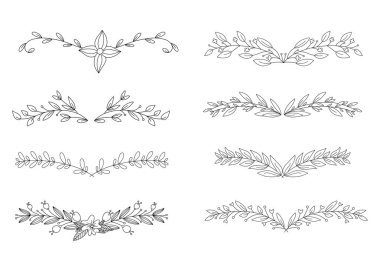 El ile çizilen Doodle çerçeveleri ve sınırları vektör kümesi. Handdrawn elemanları, çiçekler, dalları, süsler ve flourishes