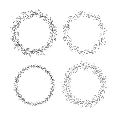 El ile çizilen Doodle çerçeveleri ve sınırları vektör kümesi. Handdrawn elemanları, çiçekler, dalları, süsler ve flourishes