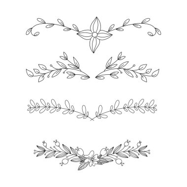 El ile çizilen Doodle çerçeveleri ve sınırları vektör kümesi. Handdrawn elemanları, çiçekler, dalları, süsler ve flourishes