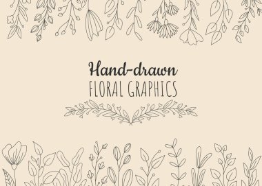 El ile çizilen Doodle çerçeveleri ve sınırları vektör kümesi. Handdrawn elemanları, çiçekler, dalları, süsler ve flourishes