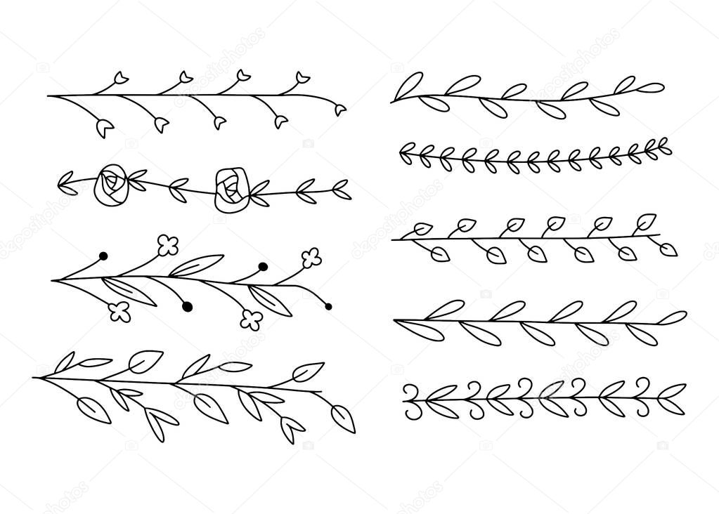Vector set of handdrawn doodle frames and borders. Handdrawn elements, flowers, branches, swashes and flourishes