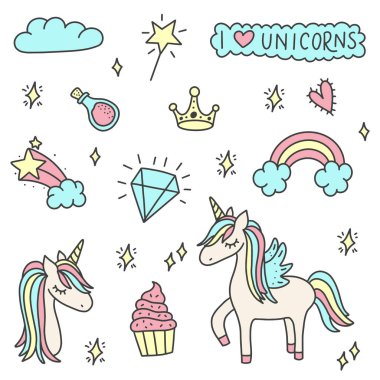 Unicorn ve Magic Doodles. Sihirli öğeleri ile sevimli Unicorn ve midilli koleksiyonu. El çizilmiş çizgi stili. Vector karalamalar illüstrasyonları. 