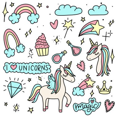 Unicorn ve Magic Doodles. Sihirli öğeleri ile sevimli Unicorn ve midilli koleksiyonu. El çizilmiş çizgi stili. Vector karalamalar illüstrasyonları. 
