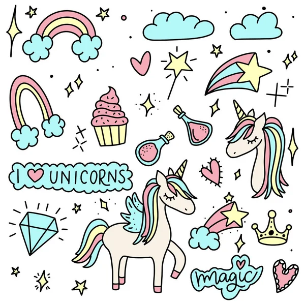 Eenhoorn Magie Doodles Schattige Eenhoorn Pony Collectie Met Magische Items — Stockvector