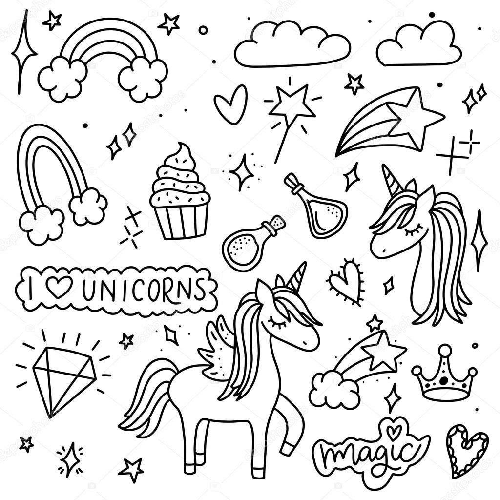 Unicorn and Magic Doodles. Cute unicorn and pony collection with magic items. Hand drawn line style. Vector doodles illustrations. 