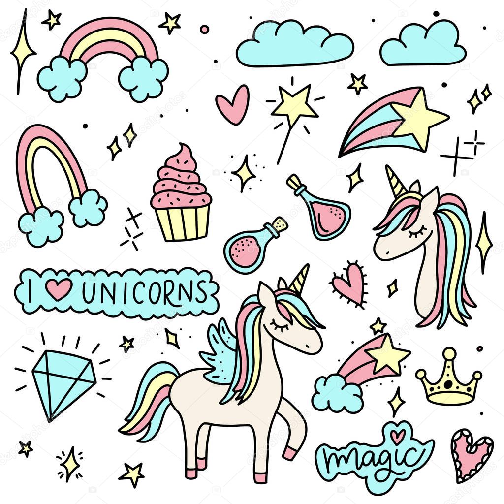 Unicorn and Magic Doodles. Cute unicorn and pony collection with magic items. Hand drawn line style. Vector doodles illustrations. 