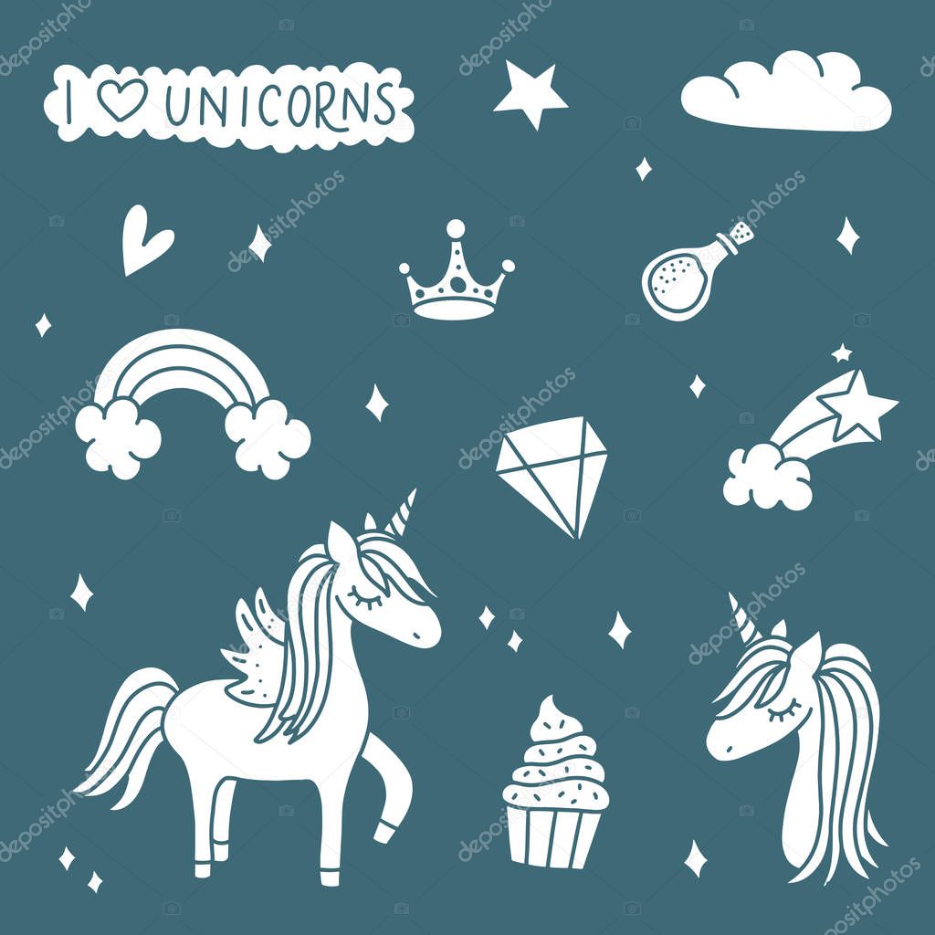 Unicorn and Magic Doodles. Cute unicorn and pony collection with magic items. Hand drawn line style. Vector doodles illustrations. 