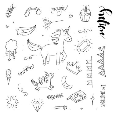 Unicorn ve Magic Doodles. Sihirli öğeleri ile sevimli Unicorn ve midilli koleksiyonu. El çizilmiş çizgi stili. Vector karalamalar illüstrasyonları. 