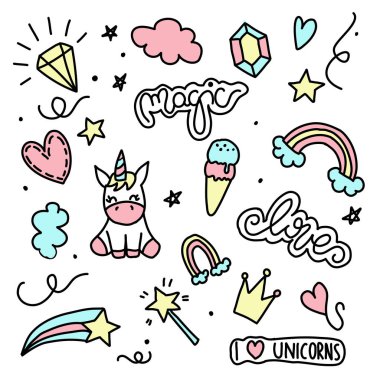 Unicorn ve Magic Doodles. Sihirli öğeleri ile sevimli Unicorn ve midilli koleksiyonu. El çizilmiş çizgi stili. Vector karalamalar illüstrasyonları. 