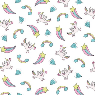 Unicorn desen doku arka plan. Beyaz arka planda izole Unicorn Dikişsiz desen. Sevimli karikatür Unicorn Tekstil desen baskı.