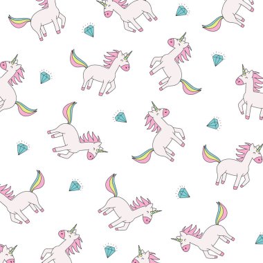 Unicorn desen doku arka plan. Beyaz arka planda izole Unicorn Dikişsiz desen. Sevimli karikatür Unicorn Tekstil desen baskı.