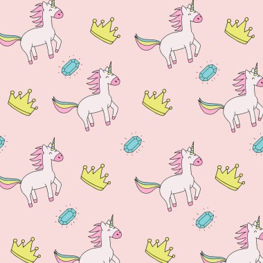 Unicorn desen doku arka plan. Beyaz arka planda izole Unicorn Dikişsiz desen. Sevimli karikatür Unicorn Tekstil desen baskı.