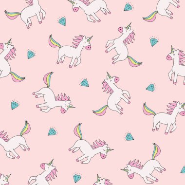 Unicorn desen doku arka plan. Beyaz arka planda izole Unicorn Dikişsiz desen. Sevimli karikatür Unicorn Tekstil desen baskı.