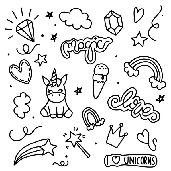 Unicorn ve Magic Doodles. Sihirli öğeleri ile sevimli Unicorn ve midilli koleksiyonu. El çizilmiş çizgi stili. Vector karalamalar illüstrasyonları. 
