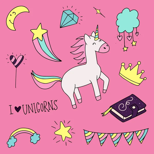 Unicorn Magic Doodles Sihirli Öğeleri Ile Sevimli Unicorn Midilli Koleksiyonu — Stok Vektör