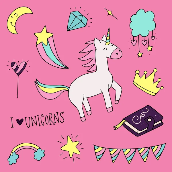 Eenhoorn Magie Doodles Schattige Eenhoorn Pony Collectie Met Magische Items — Stockvector