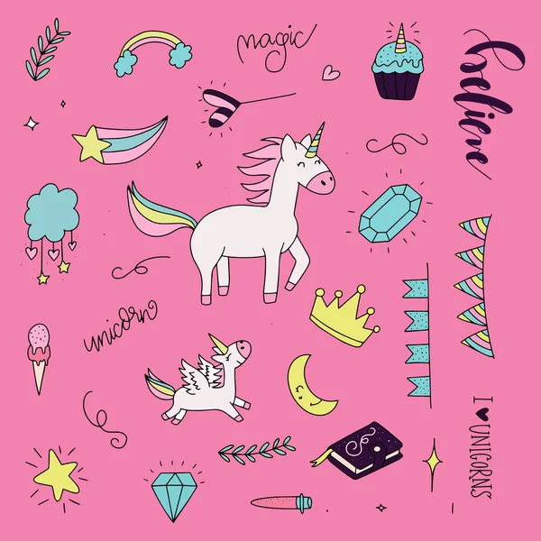 Unicorn ve Magic Doodles. Sihirli öğeleri ile sevimli Unicorn ve midilli koleksiyonu. El çizilmiş çizgi stili. Vector karalamalar illüstrasyonları. 