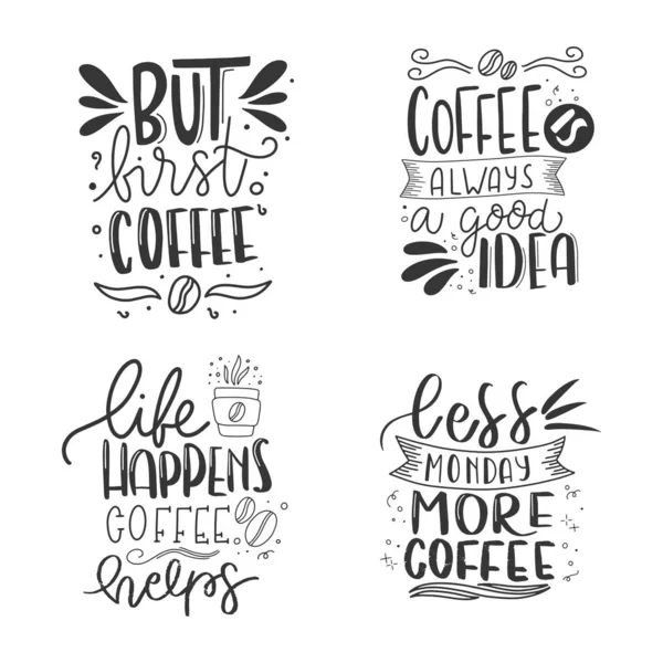 Modern Kahve Yazısı Tipografi Ama Ilk Kahve Çizilmiş Harf Ifadesi — Stok Vektör