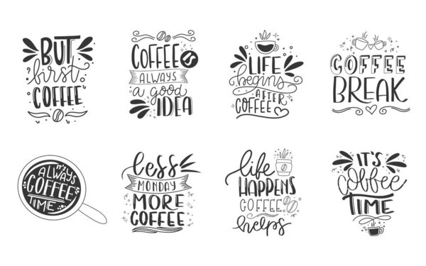 Modern coffee lettering typography. But first coffee. Hand drawn lettering phrase. Modern motivating calligraphy decor. Scrapbooking or journaling card with quote.