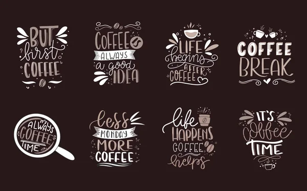 Modern Coffee Lettering Typography First Coffee Hand Drawn Lettering Phrase — Stock Vector