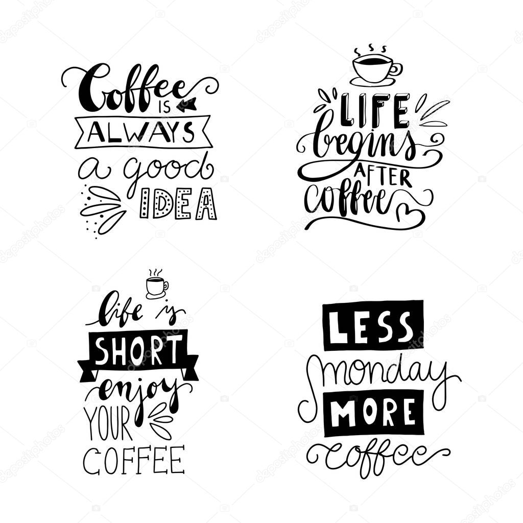 Modern coffee lettering typography. But first coffee. Hand drawn lettering phrase. Modern motivating calligraphy decor. Scrapbooking or journaling card with quote.