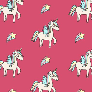 Sevimli Karikatür Çocuksu Desenler.Unicorn Desen Doku Arka Plan. Unicorn Dikişsiz desen Sevimli Karikatür Unicorn tekstil desen baskı. 