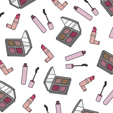 El kozmetik doodle elemanları makyaj çizilmiş. Kozmetik doodle beyaz bir arka plan üzerinde izole vektör çizimler. Kozmetik ve makyaj dikişsiz desen.