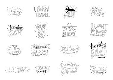 El çizilmiş Seyahat, Kamp ve Macera deyimleri ayarlayın. Seyahat, Kamp ve macera el tipografi tasarım çizilmiş. El yazısı harfler.