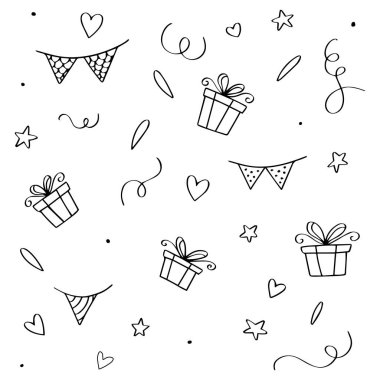 El çizilmiş Doğum Günü Doodles seti. Doğum Günü Arka Planı.