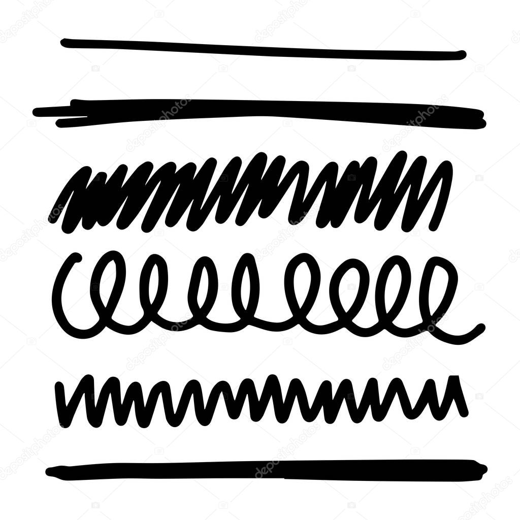 Handmade Set of Underline Strokes. Vector strokes in grunge marker style. 