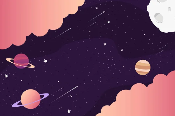 Soyut elementlerle vektör uzay arka planı: gezegenler, ay, yıldızlar. Vektör çizimi.