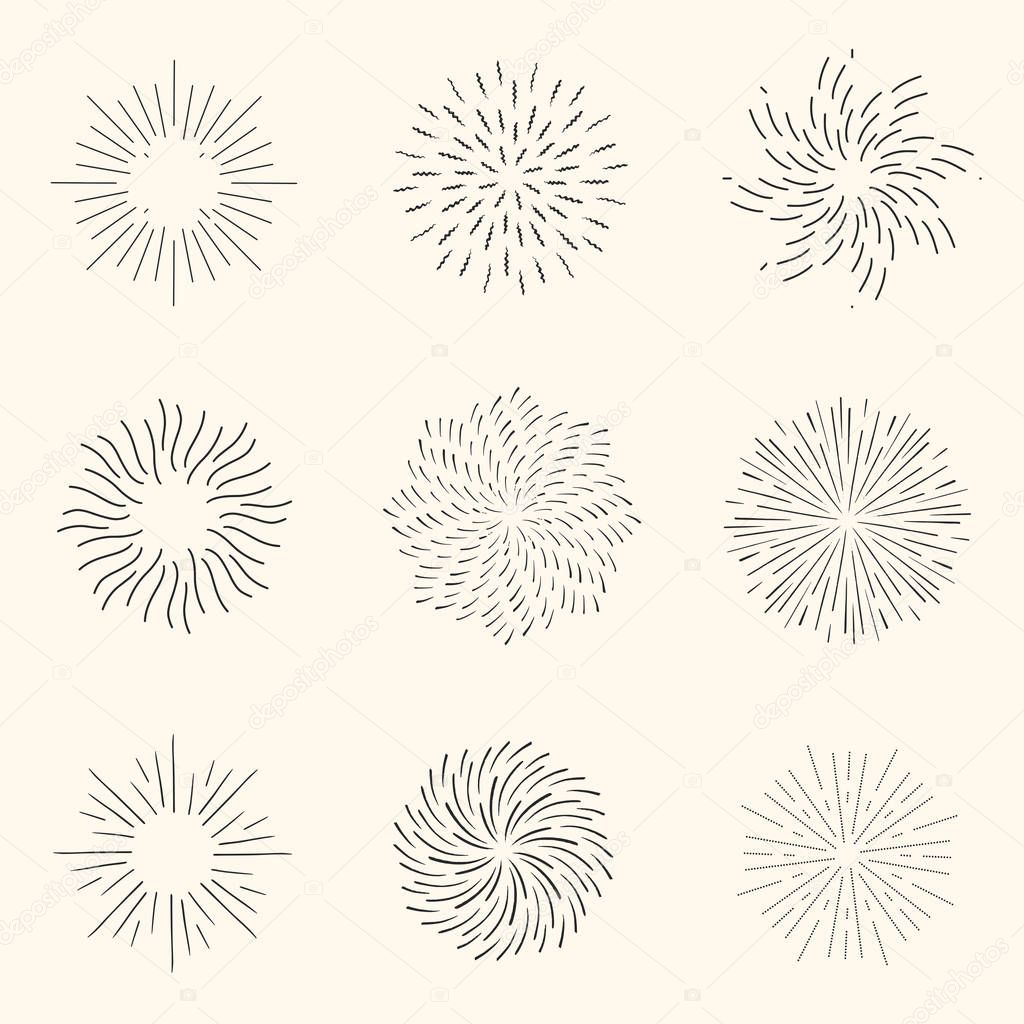 Vintage Sunburst Explosion. Handdrawn Design Graphic Element Fireworks Black Rays Vector