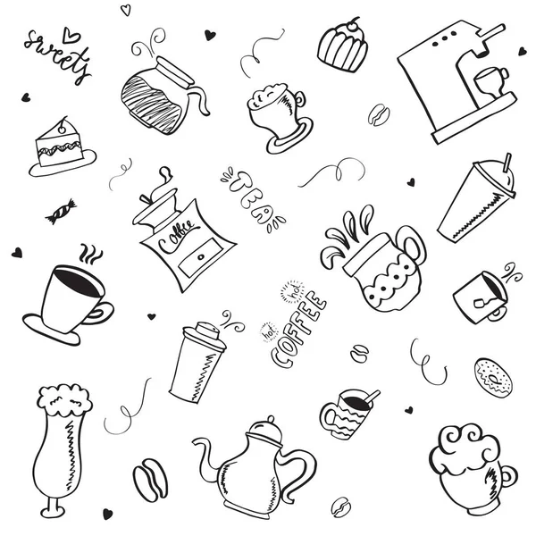 Set Van Hand Getekend Vintage Koffie Doodle Iconen — Stockvector