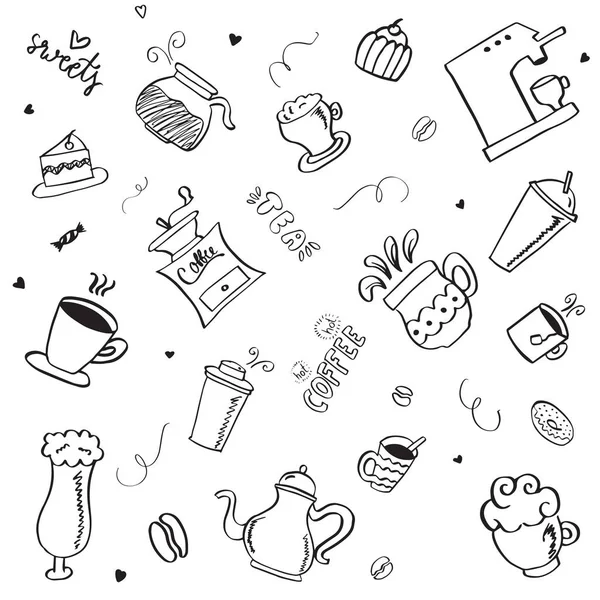 Set Von Handgezeichneten Vintage Kaffee Doodle Ikonen — Stockvektor