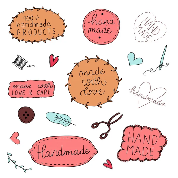 Vector Set Hand Drawn Vintage Badges Labels Handmade Workshop Graphic — Stock Vector