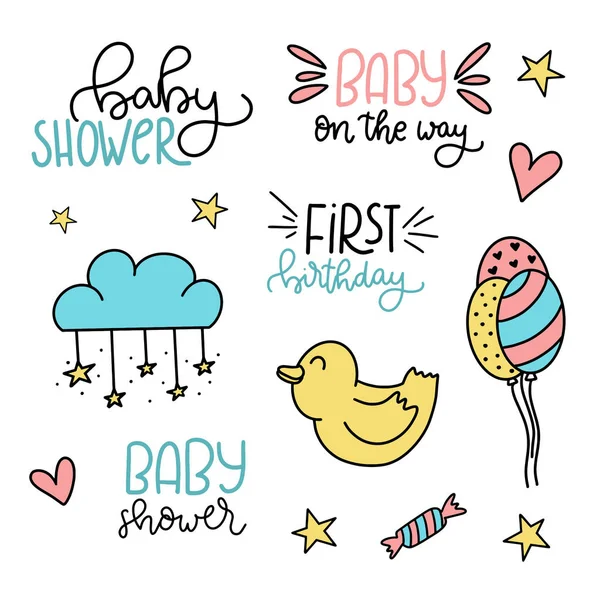 Set Frasi Carino Baby Shower Scarabocchi Carino Bambino Doccia Illustrazioni — Vettoriale Stock