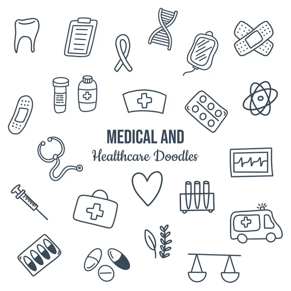 Conjunto Doodles Médicos Cuidados Saúde Desenhados Mão Ícones Medicina Desenhados —  Vetores de Stock